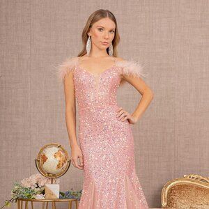 NEW LONG OFF THE SHOULDER SLEEVELESS MERMAID EMBROIDERED SEQUIN DRESS GL3130